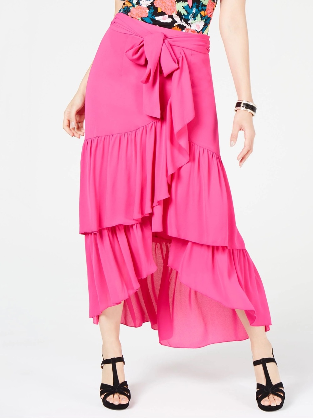 Thalia Sodi Bright Barbie Pink Ruffle High-Low Boho Skirt Girlhoodcore Vibes